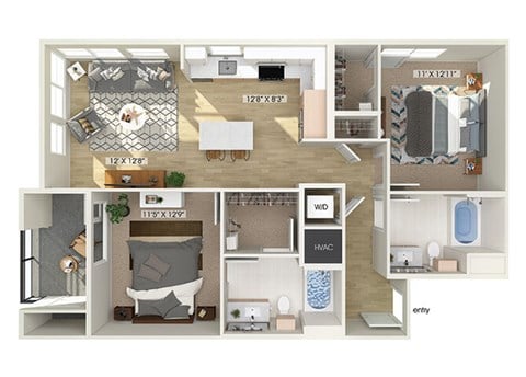 Floor plan for 2 beds, 2 baths, 1031 sqft